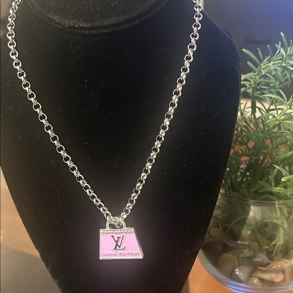 Louis Vuitton Lavender silver Chain Necklace with Pink Logo Pendant